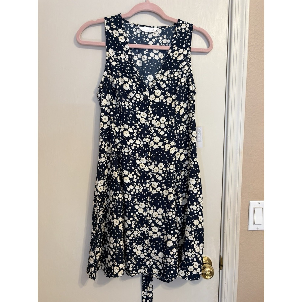 LC Lauren Conrad Navy White Floral Fit & Flare Dress V-Neck Sleeveless Button XS